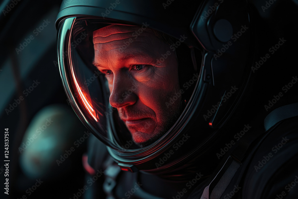 Poster a close-up of an astronaut's face, illuminated by an eerie red glow, within a dark spacecraft.