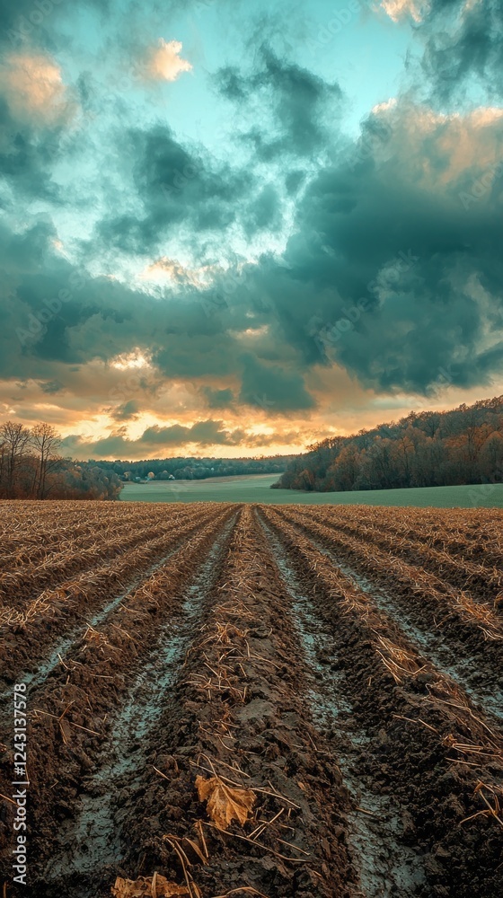 Aufkleber golden rays of sunlight break through the clouds, casting a warm glow on freshly plowed earth. the s