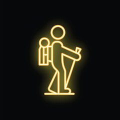 Neon glowing yellow icon of a hiker walking with backpack and poles on black background