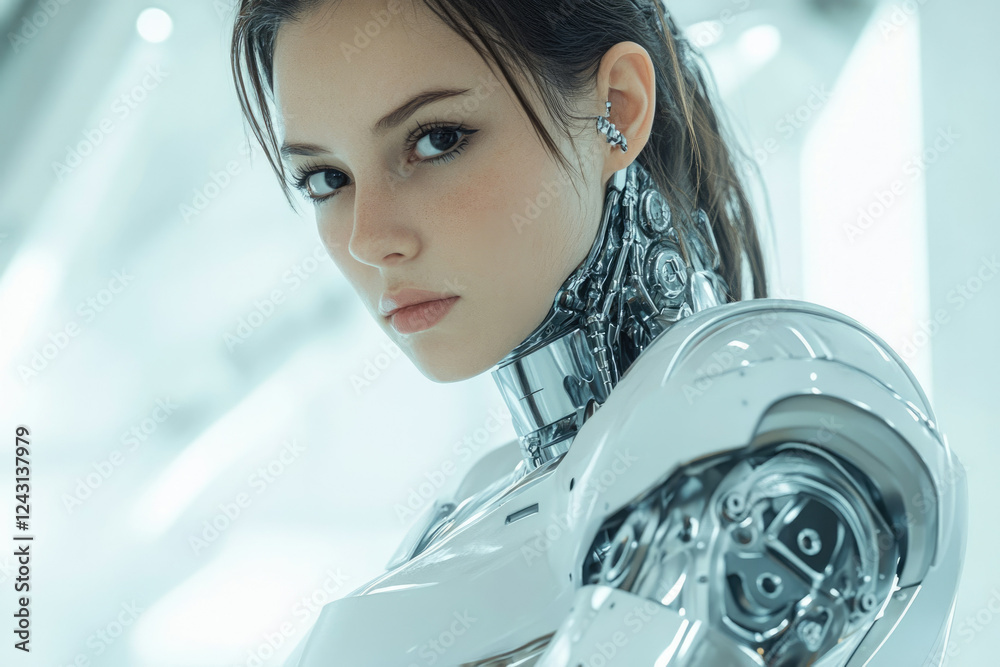 Aufkleber A female humanoid robot, seamlessly blending human-like features with advanced robotic mechanics, stares intently.