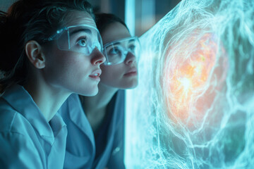 Two female scientists in lab coats examine a glowing, intricate neural network displayed on a screen.