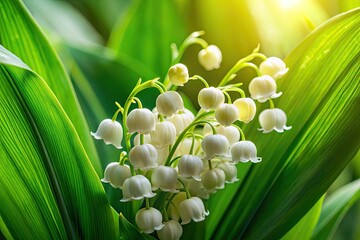 Obraz premium Delicate lily of the valley blossoms, a mesmerizing macro study of spring's ephemeral beauty.