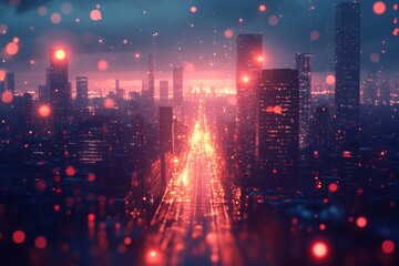 Fototapeta premium Cityscape at night with glowing skyscrapers and neon lights