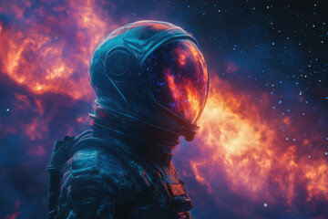 Astronaut gazing at a fiery nebula in space, reflecting in their helmet.