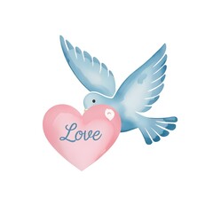 Obraz premium A blue dove is holding a pink heart with the word 