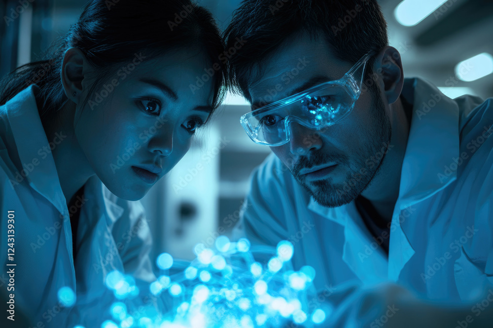 Leinwandbilder two scientists collaborate intensely, examining a glowing blue network, likely representing data or 
