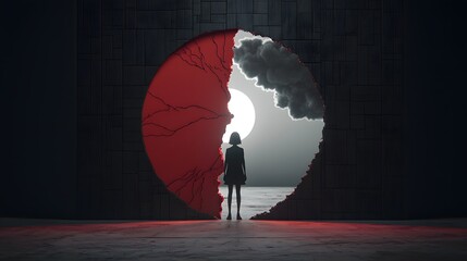 Silhouetted figure standing between a bright illuminating sun and a dark stormy cloud creating a striking visual metaphor for the emotional shifts and contrasts experienced in bipolar disorder