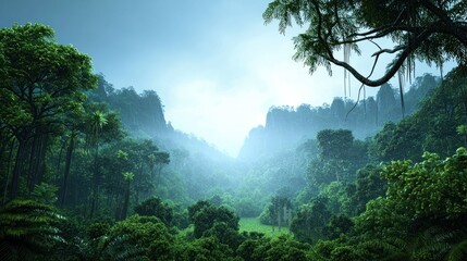 Obraz premium Lush Green Tropical Forest Valley Landscape