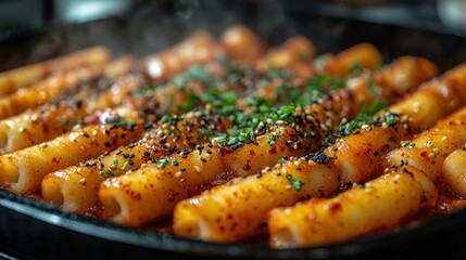 A Korean street food tteokbokki with spicy sauce