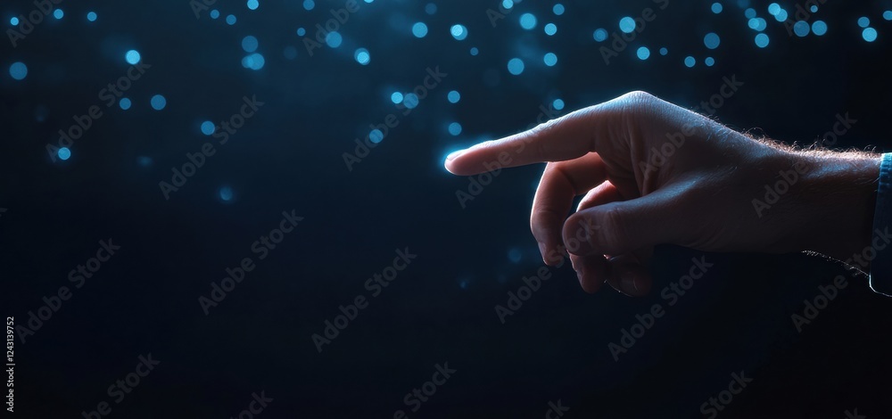 Poster hand pointing to glowing blue light on dark background with bokeh effect