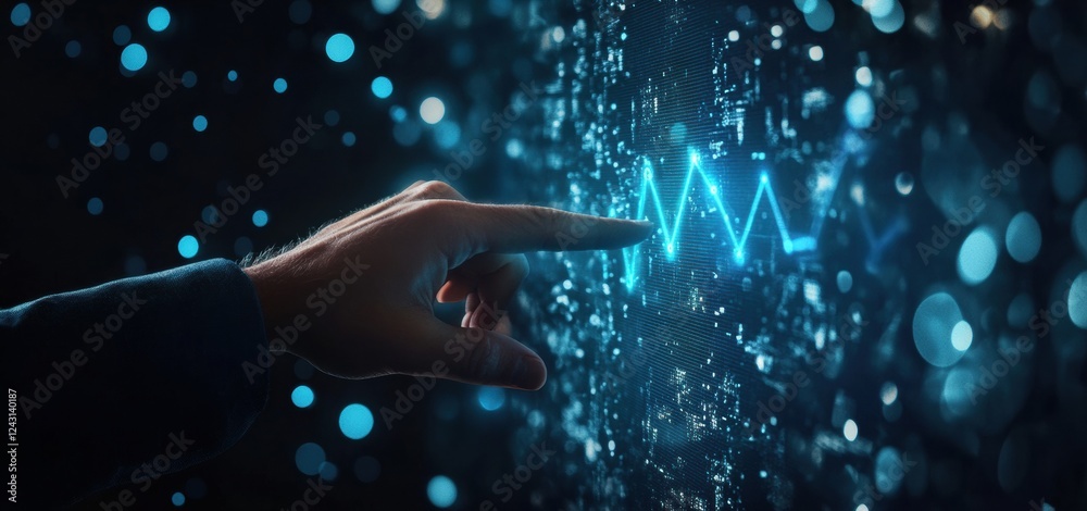 Poster businessman touching glowing blue line graph on digital background visualizing data for innovation
