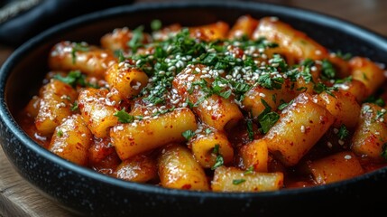 A Korean street food tteokbokki with spicy sauce