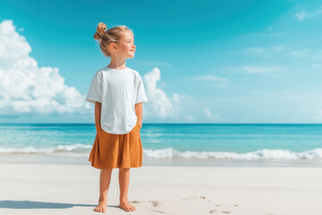 Beautiful little girl wearing casual white t-shirt and orange skirt, stands on the beach. Kids basic t-shirt mockup, summer sea vacation, outdoors. Children's oversized tee template