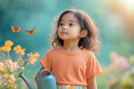 Little girl with watering pot in hand, wearing peach tee, standing in blooming garden. Kids casual short sleeve t-shirt mockup. Holiday, vacation, traveling designs template