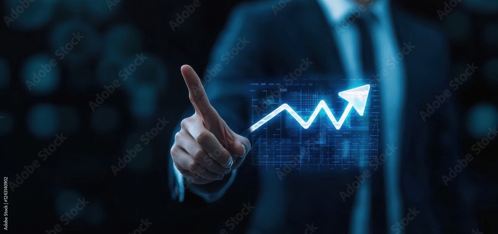 Poster businessman touching growth arrow graph with rising line chart and hologram
