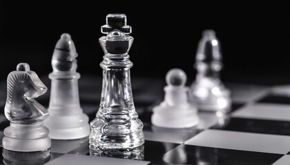 Glass firefly chess pieces elegantly arranged on a black and white chessboard capturing the essence of strategic gameplay