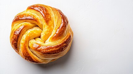 Fototapeta premium Delicious Golden Swirl Pastry on White Tabletop Background