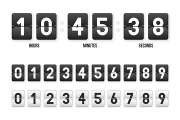 Clock countdown display in retro style. Flip clock numbers. Numbers in flip clock style with hours, minutes and seconds. Flip scoreboard template. Vector
