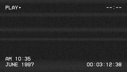 VHS video background. Glitch VHS effect with white noise. No signal, retro tape rewind frame. Old video effect on dark background. Vector