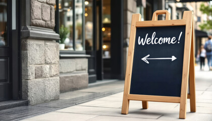 Inviting Welcome Sign Outside a Boutique Storefront on a City Street