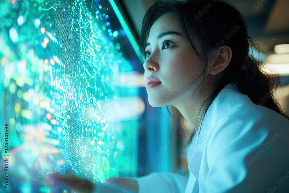Leinwandbilder a young scientist intently studies a complex, vibrant data visualization on a large screen, immersed