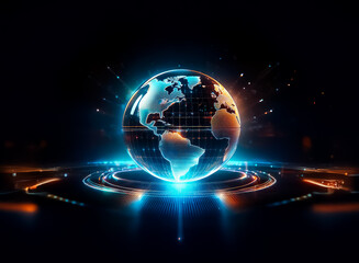 Digital globe illuminated with blue and orange lights on a futuristic platform. Glowing earth with modern, tech design against a dark backdrop.