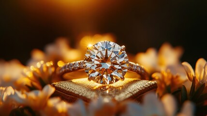 Radiant diamond glowing in soft golden light floral arrangement jewelry photography natural environment close-up view