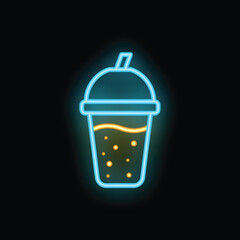 Neon sign showing refreshing fizzy drink with straw and bubbles on black background