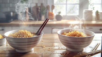 Two bowls of ramen with chopsticks resting on a wooden counter, steam rising in a cozy kitchen setting.