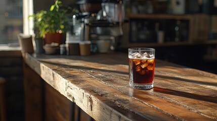 Glass of cold brew coffee with ice cubes, wooden caf counter.