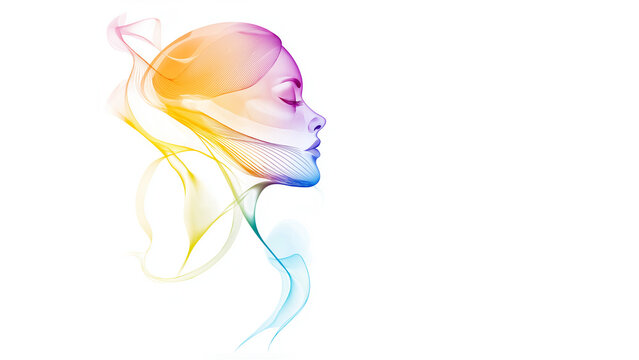 K&uuml;nstlerisches Profil einer Frau mit regenbogenfarbenen, flie&szlig;enden Linien. Minimalistisches Vektordesign kombiniert Beauty mit abstrakter Kunst auf wei&szlig;em Hintergrund