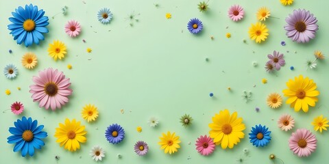 Obraz premium Blue, Yellow, and Pink Flowers Scattered on Pastel Green Paper
