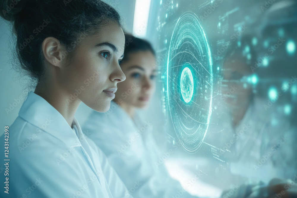 Aufkleber two female scientists collaborate, examining data on a futuristic holographic interface.