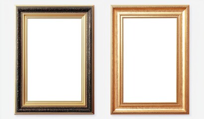 Fototapeta premium Two golden empty frames hanging on white wall, vertical and horizontal orientation