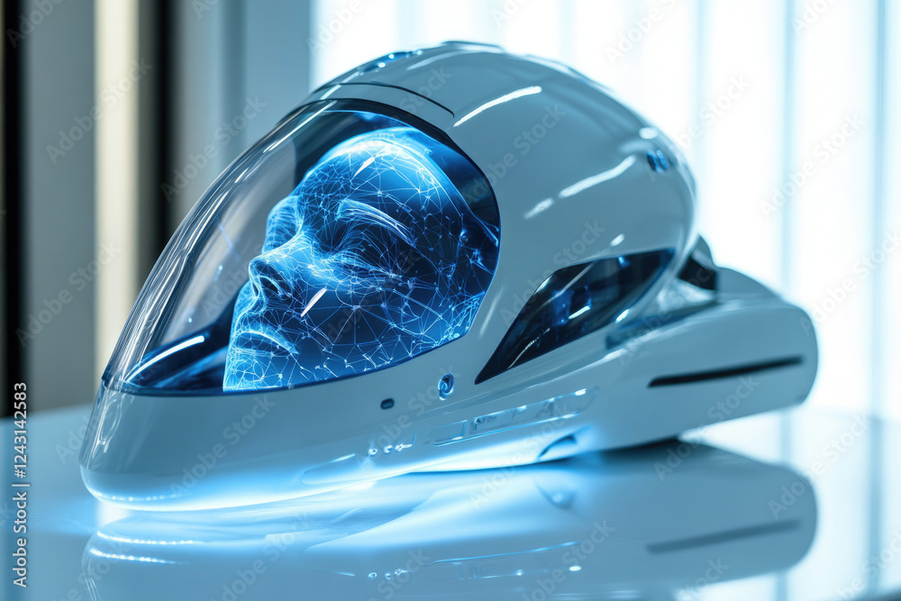 Poster a futuristic helmet encases a digital face, its network of light representing advanced technology an
