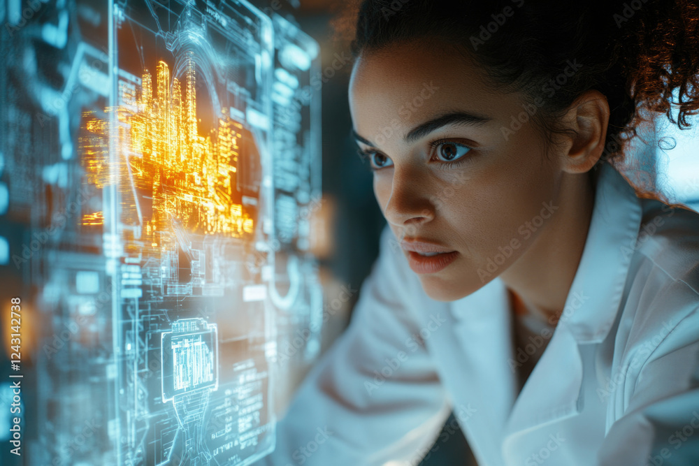Poster a woman scientist intensely studies a futuristic holographic display showing a city's digital model.