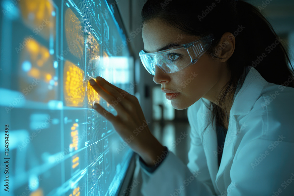 Leinwandbilder A female scientist in a lab coat interacts with a large interactive touchscreen displaying complex data visualizations.