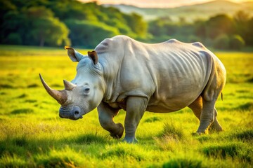 Obraz premium Endangered white rhino grazes, a poignant image from an African wildlife documentary.