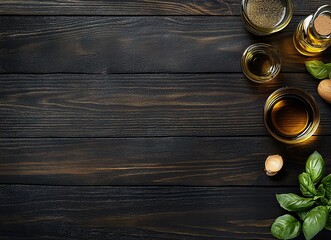 Dark wooden background with oil, basil, and other cooking ingredients on the right side of the image. Top view. Free space for your text or design. Background banner with copy space.