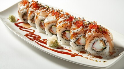 high-resolution photostock of a white plate of sushi on a white table
