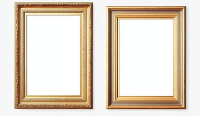 Two golden empty frames hanging on a white wall