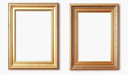 Two golden empty frames hanging on a white wall