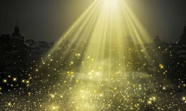 A city skyline is lit up by the sun, creating a warm and inviting atmosphere