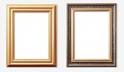 Two empty golden picture frames hanging on a white wall