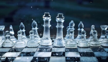Incredible chess pieces made of water displayed on a water-themed chessboard with droplets enhancing the mystical ambiance