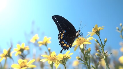 Photo of a butterfly on yellow flowers against the blue sky
