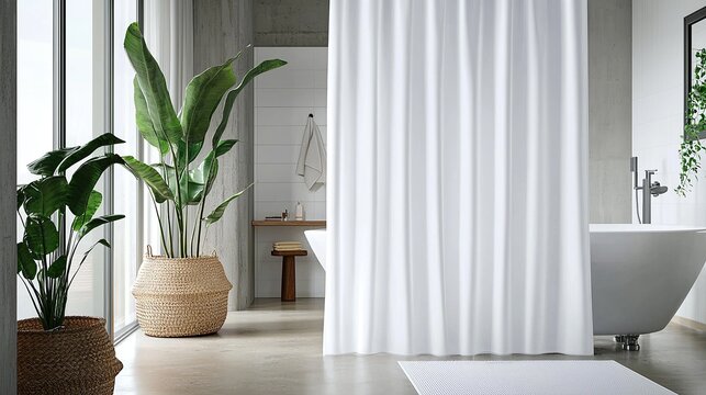 high-resolution photostock of a white shower curtain in a clean bathroom