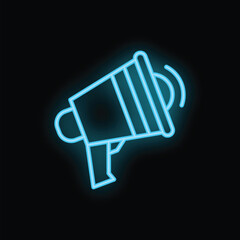 Blue neon megaphone glowing in the dark, representing communication, announcement, and important information
