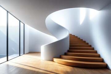 Naklejka premium Modern spiral staircase in a white minimalist interior