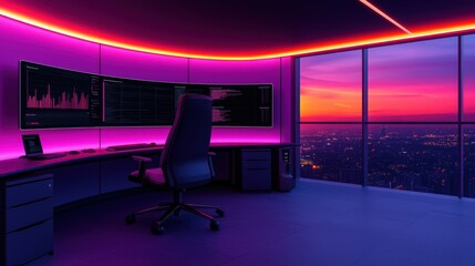 Personalization marketing and profile, A modern workspace with multiple screens, illuminated by vibrant purple lighting, overlooking a stunning sunset view of the city skyline.